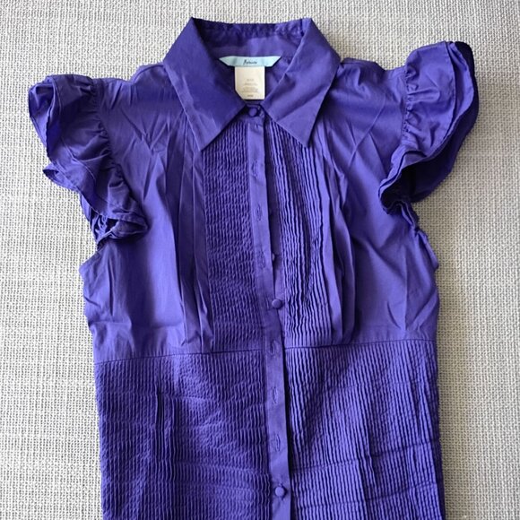Marciano Purple Pleated Button-Up Blouse Women's | Chic Puff Sleeve Top - Picture 1 of 5